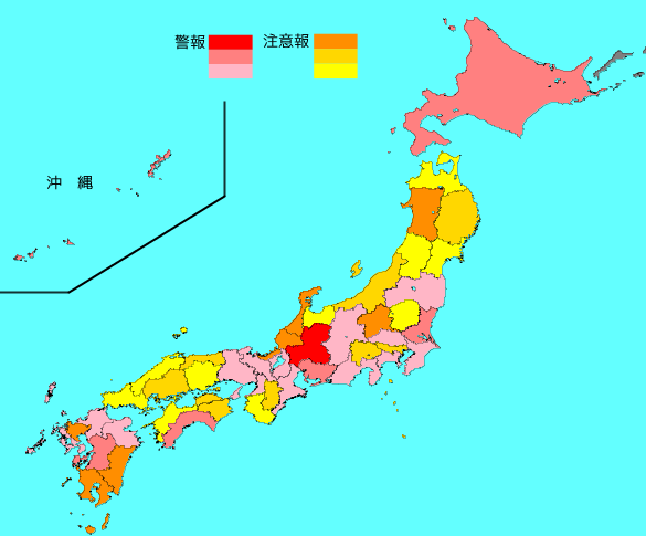 インフルエンザ流行マップ2019年中部地方の岐阜県や愛知県、北海道などで警報