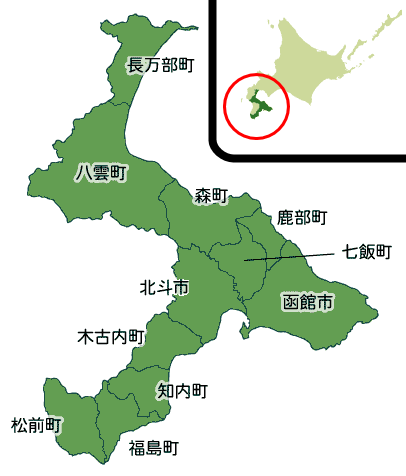 北海道南部、渡島振興局管内の地図。新型コロナウィルス4人目